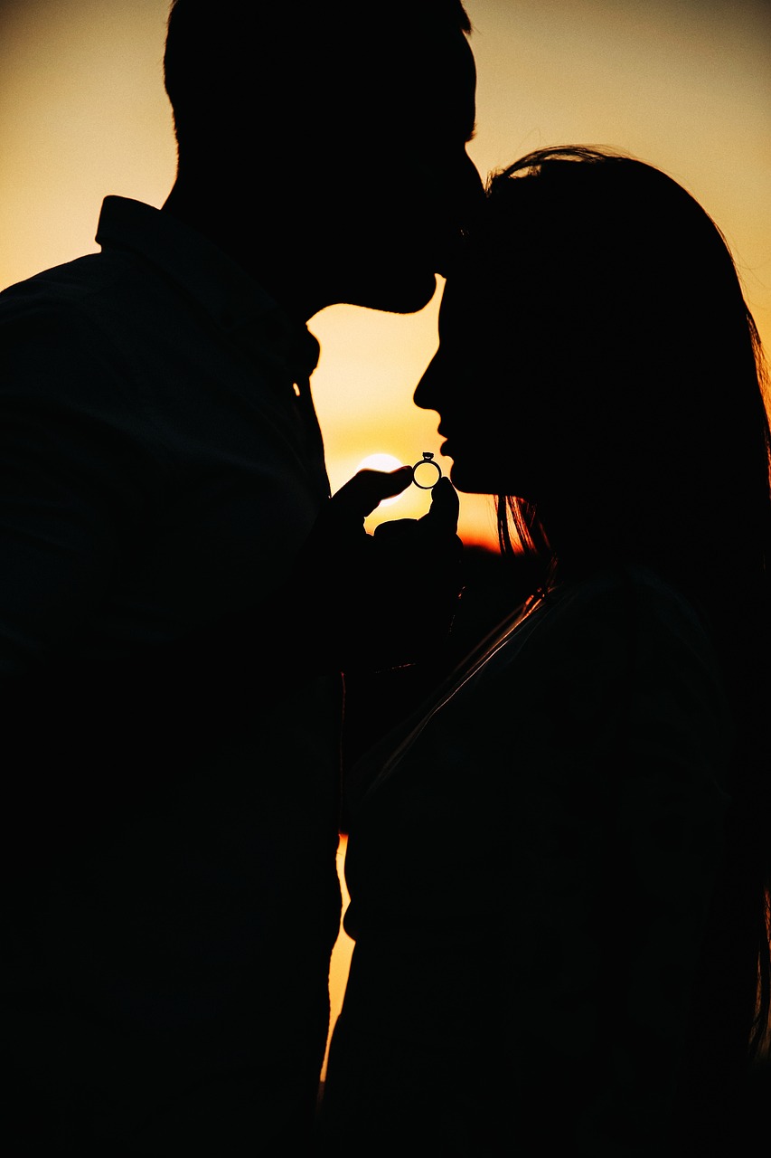 couple, kiss, wedding, silhouette, romance, just married, happiness, relationship, sweethearts, young, love, fidelity, youth, tenderness, hugs, nature, ring, sunset, portrait